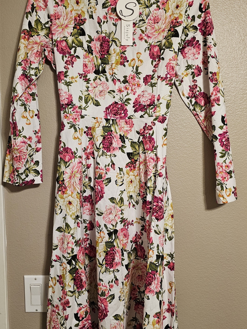 Sassily Floral Long Sleeve Midi Dress - White with Pink & Green Floral Print